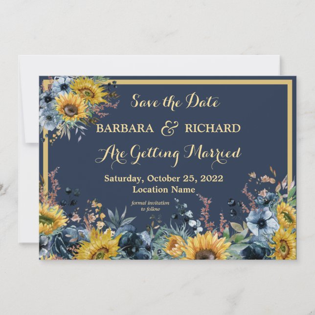 Invitación Boda floral de girasol azul de la marina Save Date (Anverso)