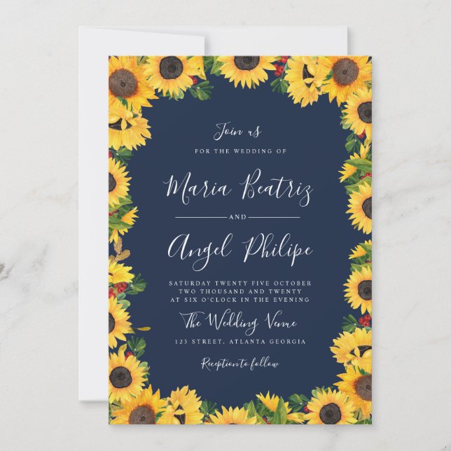 Invitación Boda floral de girasol azul marino (Anverso)