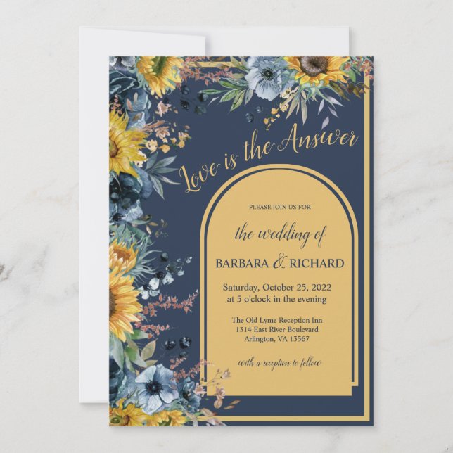 Invitación Boda floral de girasol azul marino (Anverso)