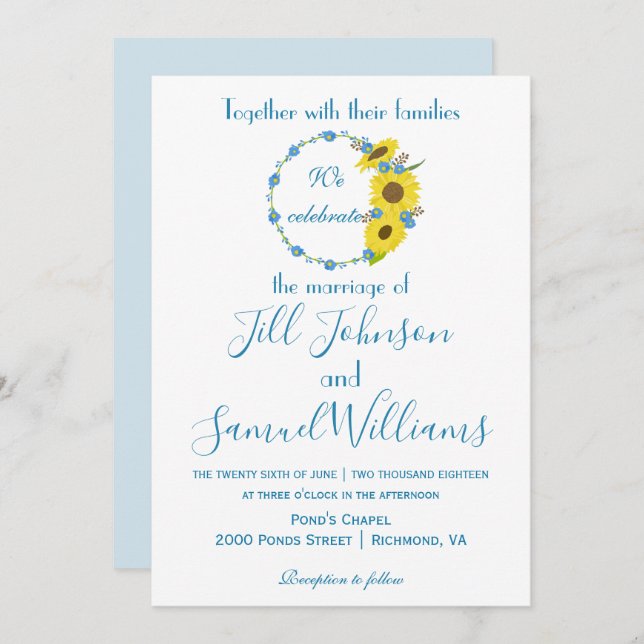 Invitación Boda floral de girasol azul y blanco (Anverso / Reverso)