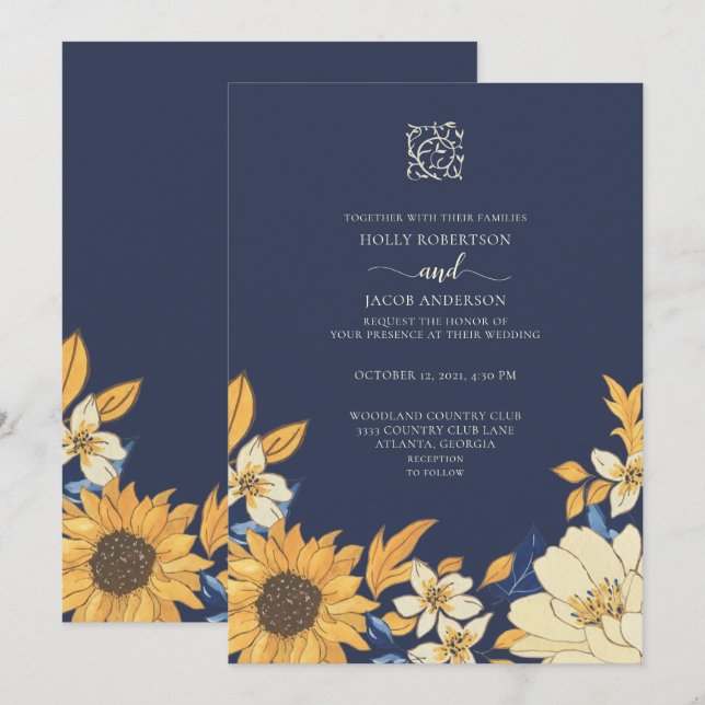 Invitación Boda floral de girasol de crema amarillo azul mode (Anverso / Reverso)