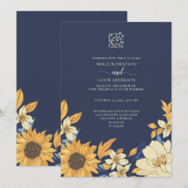Invitación Boda floral de girasol de crema amarillo azul mode