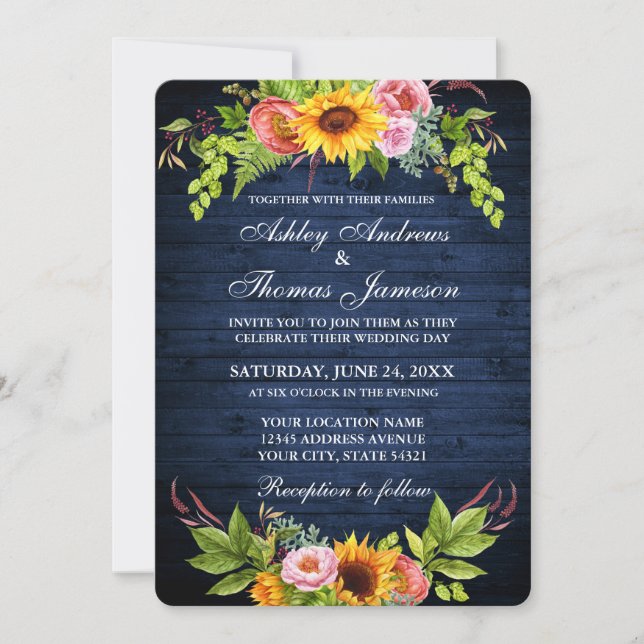 Invitación Boda floral de girasol de madera azul rustica (Anverso)
