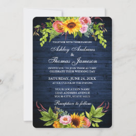 Invitación Boda floral de girasol de madera azul rustica