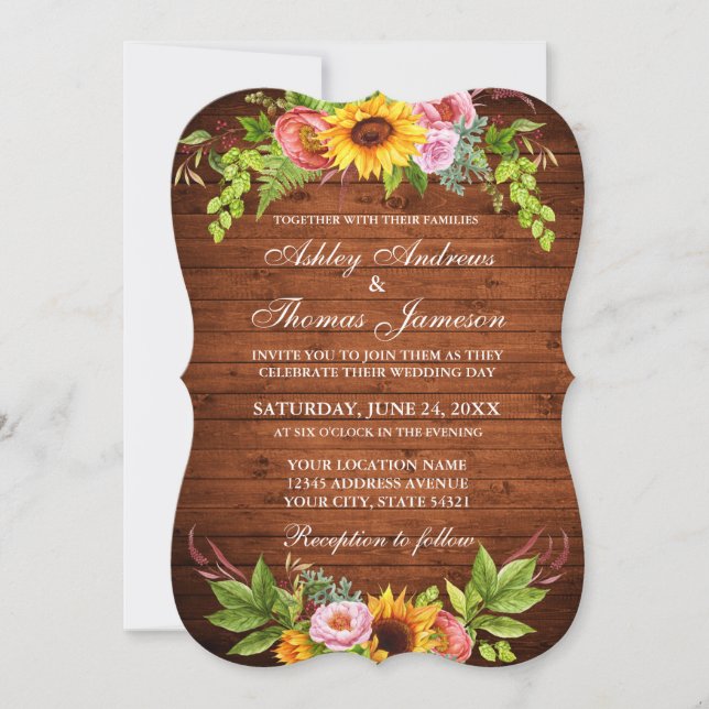 Invitación Boda floral de girasol de madera rústica (Anverso)