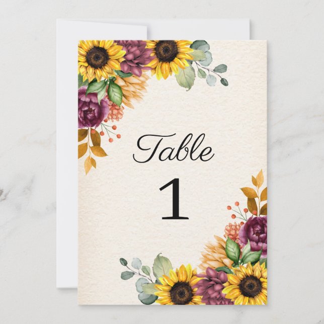 Invitación Boda floral de girasol de otoño número de tabla (Anverso)