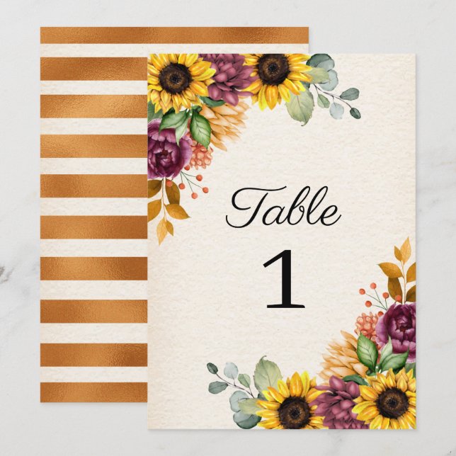 Invitación Boda floral de girasol de otoño número de tabla (Anverso / Reverso)