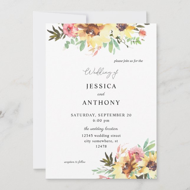 Invitación Boda floral de girasol de verano (Anverso)