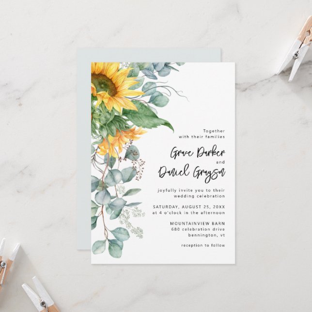 Invitación Boda floral de girasol eucalipto rústico (Anverso/Reverso In Situ)