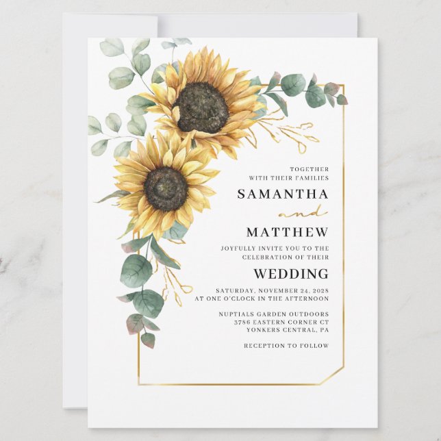 Invitación Boda floral de girasol Eucalyptus Greenery (Anverso)