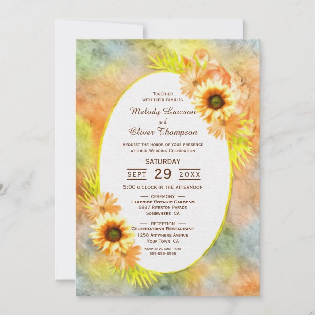 Invitación Boda Floral de girasol pintado de época (Anverso)