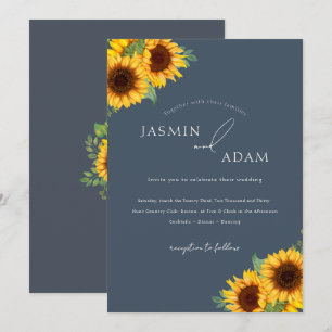 Invitación Boda Floral de Girasol Simple Pizarra Azul
