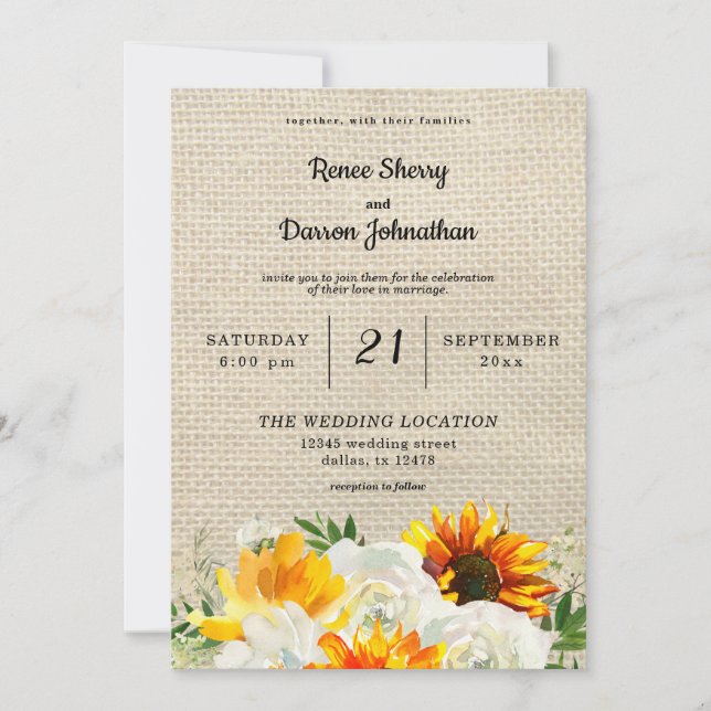 Invitación Boda floral de girasol y rosa blanco - Burlap (Anverso)