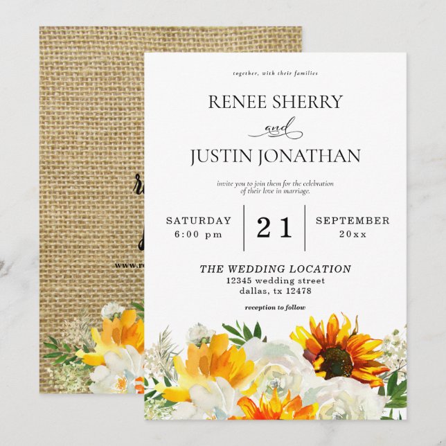 Invitación Boda floral de girasol y rosa blanco - Burlap 2 In (Anverso / Reverso)
