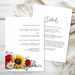 Invitación Boda floral de girasol y rosa roja todo en uno