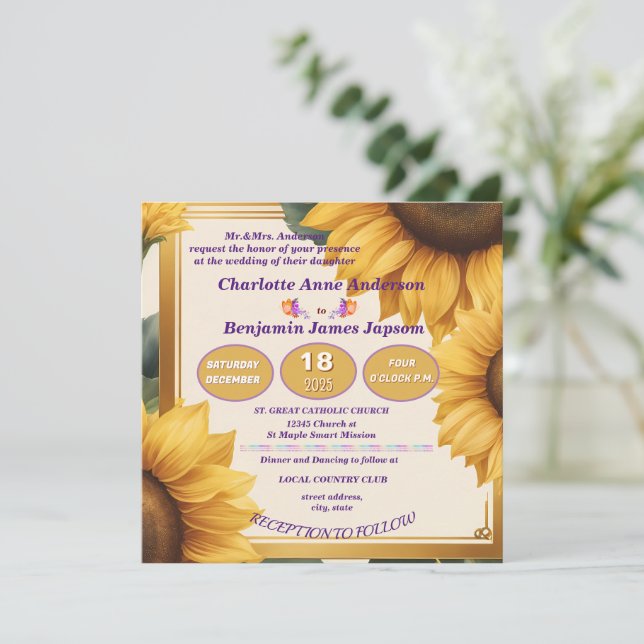 Invitación Boda floral de girasoles (Anverso de pie)