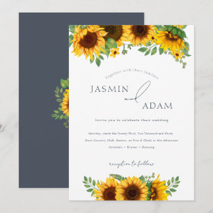 Invitación Boda Floral de Girasoles Bohemios Azul Pizarra
