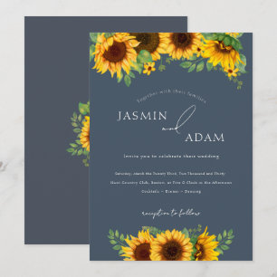 Invitación Boda Floral de Girasoles Boho Pizarra Azul