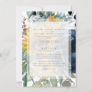 Invitación Boda Floral de Girasoles de Otoño Azul Marino Blan