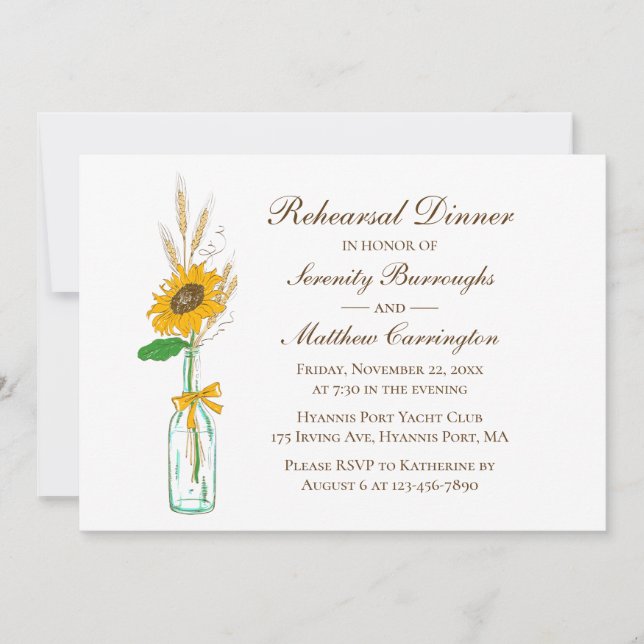 Invitación Boda floral de girasoles rústicos Ensayo Cena (Anverso)