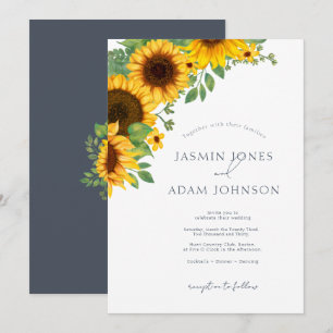 Invitación Boda Floral de Girasoles Simples en Azul Pizarra