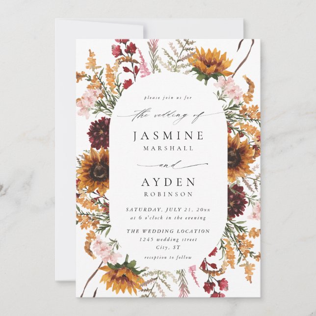 Invitación Boda Floral de girasoles y flores silvestres 2 (Anverso)