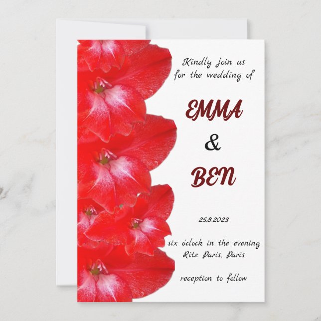Invitación Boda Floral de Gladiolus Rojo (Anverso)