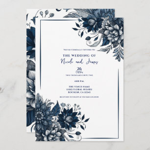 Invitación Boda Floral de Glam azul y blanco bohemio