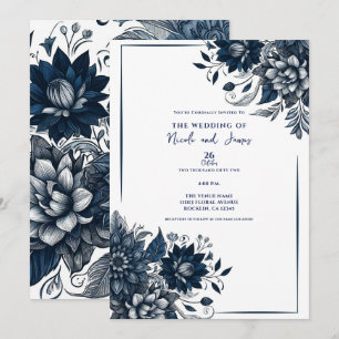 Invitación Boda floral de glamour bohemio azul y blanco