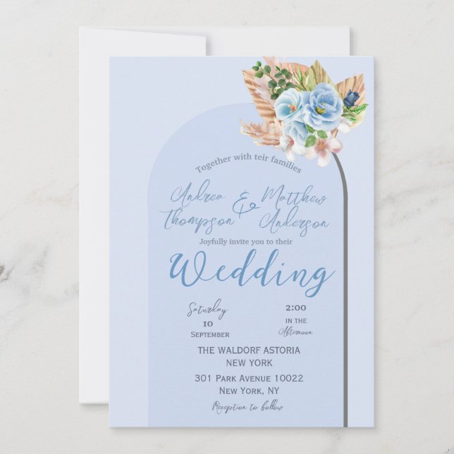 Invitación Boda floral de gramóneas de arte azul moderno Boho (Anverso)