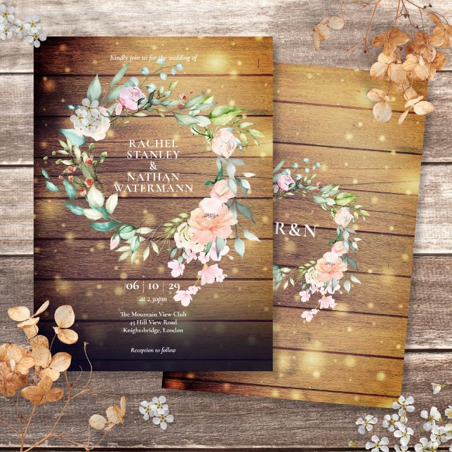 Invitación Boda floral de greenery acuarela de madera rústica (Rustic Wood Watercolor Greenery Floral Wedding Invitation)