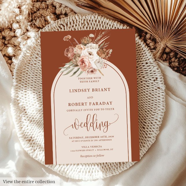 Invitación Boda floral de grullos de cobre de boho ruso pampa (Rustic Boho Copper Pampas Grass Floral Wedding Invitation)