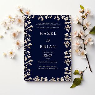 Invitación Boda floral de gypsophila azul marino botánico mar