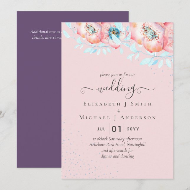 Invitación BODA floral de hellebore turquesa Peach (Anverso / Reverso)