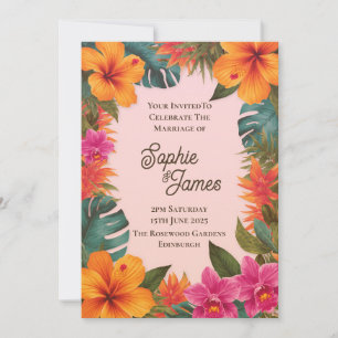 Invitación Boda floral de hibisco rosa naranja tropical