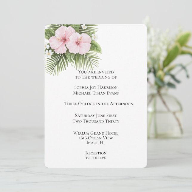 Invitación Boda floral de hibisco rosa tropical (Anverso de pie)