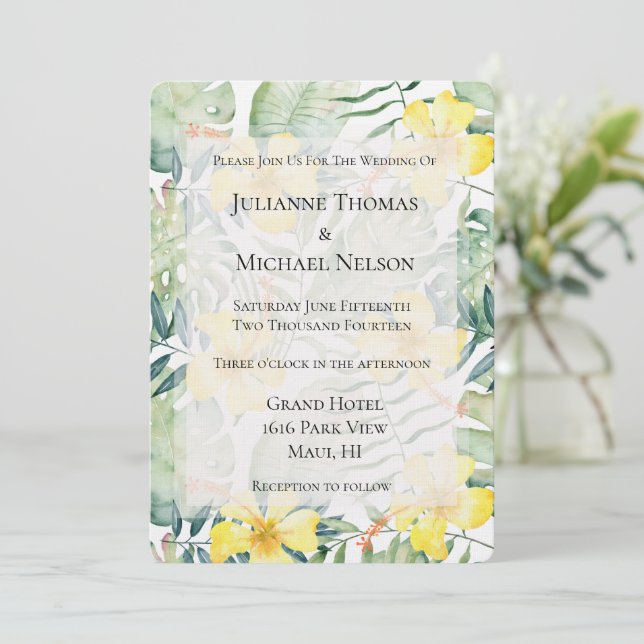 Invitación Boda floral de Hibiscus amarillo tropical (Anverso de pie)