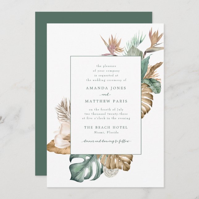 Invitación Boda Floral de hoja tropical de destino de playa (Anverso / Reverso)