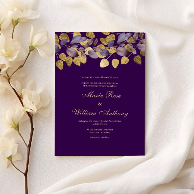 Invitación Boda floral de hojas de oro morado de lavanda (Lavender purple gold foliage floral Wedding )
