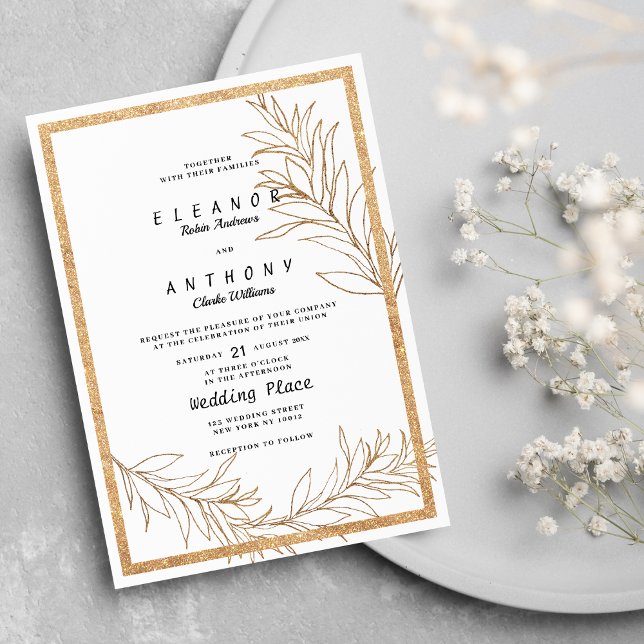 Invitación Boda floral de hojas de purpurina blanco y dorado  (Luxury white and gold glitter leaf floral Wedding )