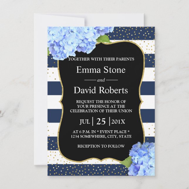 Invitación Boda floral de Hortensia Azul con raya náutica (Anverso)
