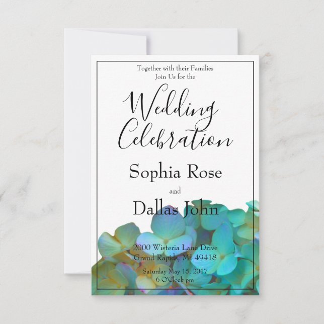 Invitación Boda floral de hortensias rosa azul verde azulado (Anverso)