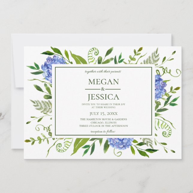 Invitación BODA floral de Hydrangeas Blue LGBTQ (Anverso)