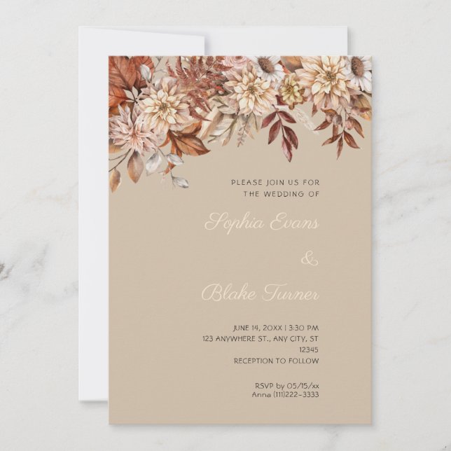 Invitación Boda Floral de Invierno Boho Marrón Vainilla Oscur (Anverso)