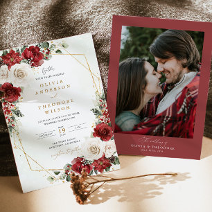Invitación Boda Floral de Invierno con Foto en Dorado Borgoña