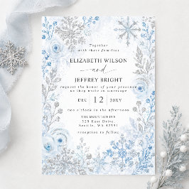 Invitación Boda Floral de Invierno Copos de Nieve Azul Platea