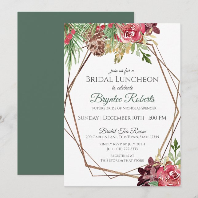 Invitación Boda floral de invierno de Pine and Berries Lunche (Anverso / Reverso)