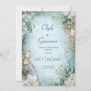 Invitación Boda Floral de Invierno Dorado Verde Salvia Polvo 