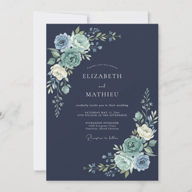 Invitación Boda floral de invierno en azul marino (Anverso)
