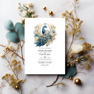 Invitación Boda floral de invierno en gris, azul pavo real y 